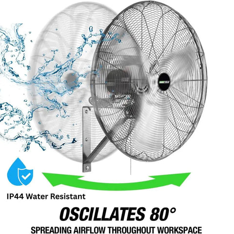 Beefy 24 Inch Outdoor Wall Mount Fan With 6800 CFM Airflow 80 Degree Oscillation Water Resistant Ideal For Garage