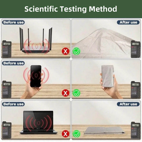 Scientific testing method using Copper Nickel Faraday Cloth Shielding Fabric 39x43 Inches For WiFi 5G Cell Bluetooth GPS Grounding DIY Projects Attenuation Up To 45 Db Conductive Copper Nickel Mesh For Healthy Signal Control before and after use with electronic devices.