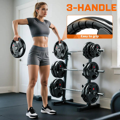 Woman holding Heavy Duty 2 Inch Olympic Rubber Weight Plates For Barbell Strength Training And Weightlifting Solid Cast Iron Core.