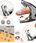11mm Metal Snap Button Kit With Heavy Duty Press Tool Pliers 800 Pieces In 10 Colors DIY Clothes And Craft Friendly Snap Fasteners Set For Sewing Garments And Accessories, close-up of pliers and snaps