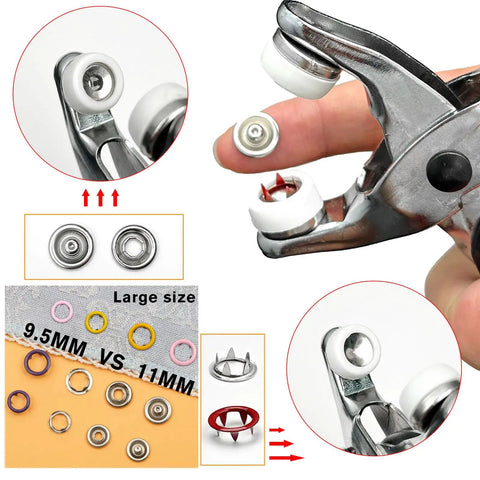 11mm Metal Snap Button Kit With Heavy Duty Press Tool Pliers 800 Pieces In 10 Colors DIY Clothes And Craft Friendly Snap Fasteners Set For Sewing Garments And Accessories, close-up of pliers and snaps