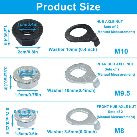Timeproof 12 Piece Bicycle Hub Axle Nut Kit with Safety Washers size chart, M8 M9.5 M10 nuts and washers labeled measurements