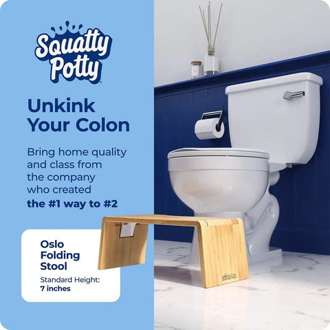 Oslo Folding Bamboo Toilet Stool 7 Inch Height next to toilet, collapsible bathroom stool for kids and adults, portable brown design.