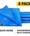 8x10 Ft Tarp Pack Of 4 Ultra Durable 5 Mil Waterproof Poly Tarps with reinforced edges and 20 inch grommets in blue