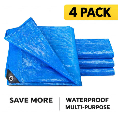 8x10 Ft Tarp Pack Of 4 Ultra Durable 5 Mil Waterproof Poly Tarps with reinforced edges and 20 inch grommets in blue