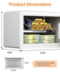 Must Have White Biometric Safe With Fingerprint Lock And Touchscreen Keypad displayed open with jewelry and cash, includes fireproof bag.