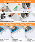 Image showing steps to use Heavy Duty Two Hole Punch Boasting A Sure Grip And Rugged Steel Body That Blows Through Two Hundred Sheets With No Sweat.
