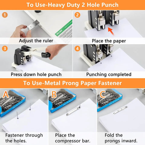Image showing steps to use Heavy Duty Two Hole Punch Boasting A Sure Grip And Rugged Steel Body That Blows Through Two Hundred Sheets With No Sweat.