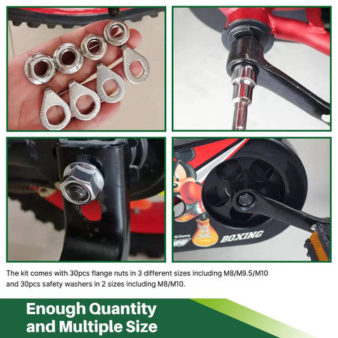 60 Pcs Bicycle Wheel Axle Nut And Safety Washer Kit with M8 M10 M16 M18 Nuts and fasteners shown in various bike applications