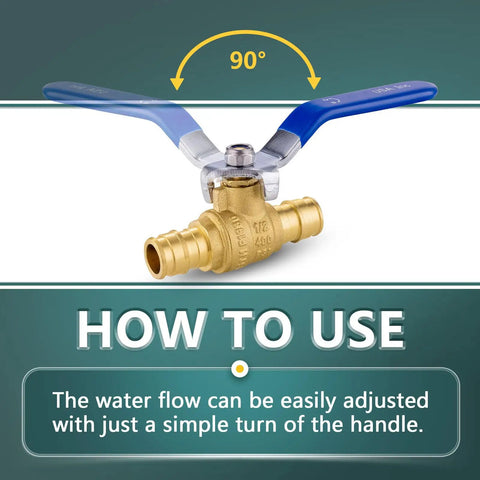100-Pack 1/2 in Pex A Ball Valve Shut Off Blue Lead-Free Brass, NSF ANSI 61 Safe For Potable Water, Withstand Up To 600 PSI WOG, Built Tough for Home Or Commercial Plumbing, 90-degree handle view