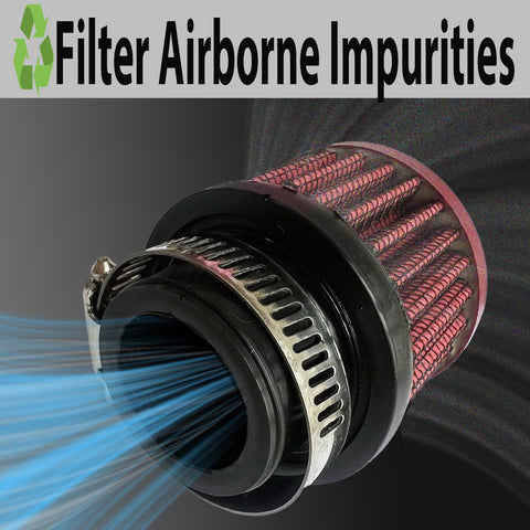 25mm Universal Air Intake Filter For 1 Inch Intake Cold Air Filter Auto Breathe Vent Crankcase Cleaner, shown with airflow effect and clamp