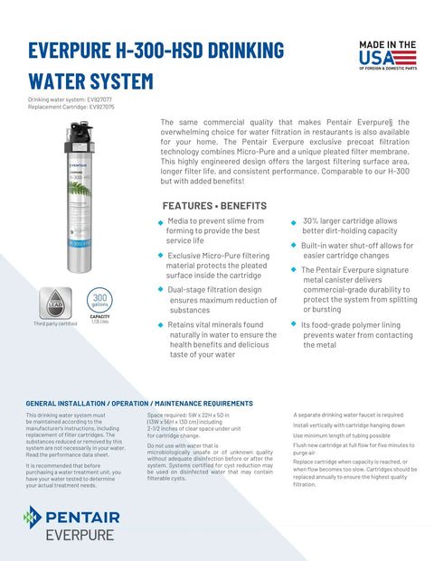 H 300 HSD Quick Change Filter Cartridge For Home Drinking Water Systems shown with product details and specifications