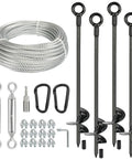 Beefy Heavy Duty Ground Anchors Kit 4 Pack 30 Inch Anchors With Fifty Foot Three Sixteenth Inch Galvanized Cable Turnbuckles Carabiners And Rope Clamps For Sheds Trees Trampolines Greenhouses Swing Sets And Tents, showing anchors, cable, turnbuckles, and accessories.