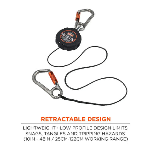 Squids 3011 Retractable Tool Lanyard With Carabiner Mount coiled on white background, lightweight aluminum, 48 in extendable.