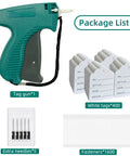 Top Shelf Clothing Tagging Gun Kit With 400 White Apparel Labels And 1600 Heavy Duty Barbs Includes Six Stainless Steel Needles For Smooth Pricing And No Sweat Retail Inventory Organization All Day, showing tag gun, labels, and fasteners.