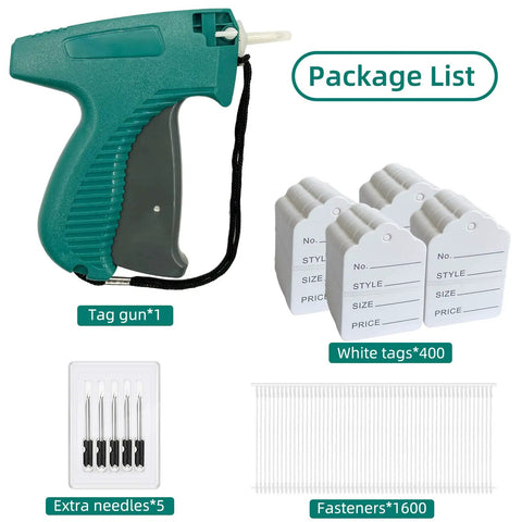 Top Shelf Clothing Tagging Gun Kit With 400 White Apparel Labels And 1600 Heavy Duty Barbs Includes Six Stainless Steel Needles For Smooth Pricing And No Sweat Retail Inventory Organization All Day, showing tag gun, labels, and fasteners.
