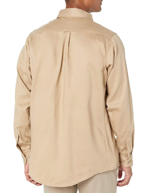 Back view of Regular Fit Flame Resistant Work Shirt Cotton Nylon Blend NFPA 2112 Certified HRC2 Arc Flash Protection lightweight khaki.