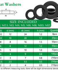 1110 Piece Black Flat Washers Set With Nine Metric Sizes M2 Through M12 For Screws And Bolts, Heavy Duty Carbon Steel, Black Zinc Plated, Pro Grade Durability, Corrosion Resistant, All Purpose Hardware Kit For Quick Fixes And Projects; size chart shown