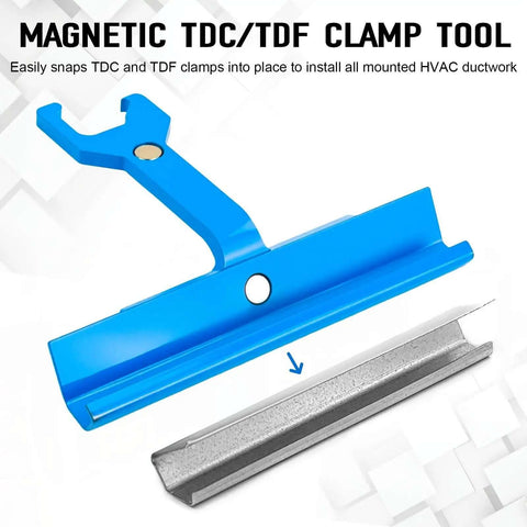 Blue magnetic TDC/TDF clamp tool for HVAC ductwork with focus on snapping clamps into place efficiently for tight spaces.