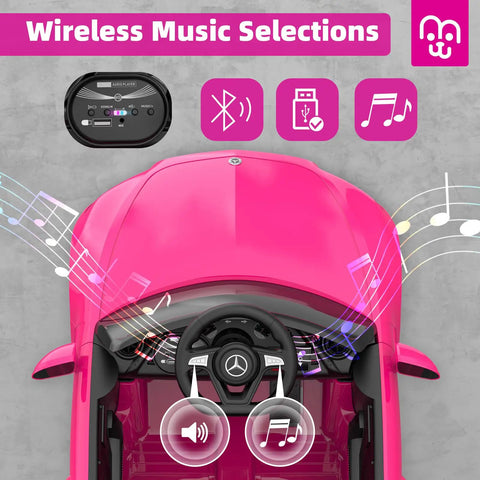 Top view of pink 12V licensed kids ride on electric car with remote control, Bluetooth music player displayed, easy assembly.