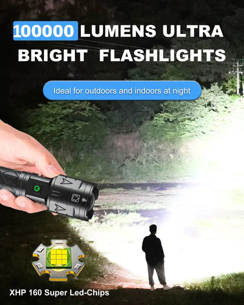 Image showing the Rechargeable High Lumen Flashlight With 100000 Lumens, Beast Mode Tactical Beam illuminating a dark outdoor area.