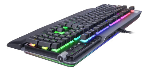Premium Gaming Keyboard With Clicky Cherry Mx Blue Switches And Dope Rgb Backlighting showing aluminum frame and rotary volume dial.