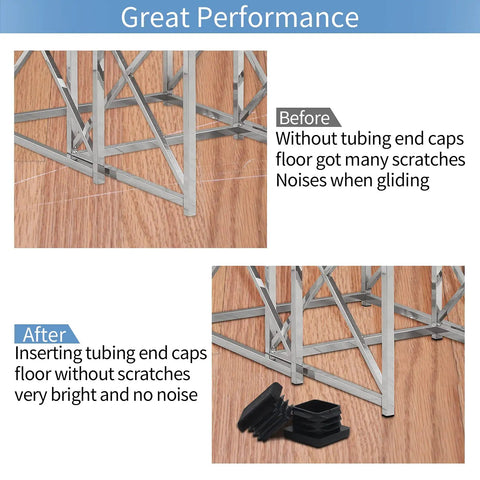 Comparison of metal frames on floor; top without caps showing scratches, bottom with 12 Pack 1x1 Inch Square Tube End Caps Plastic Plugs Black.