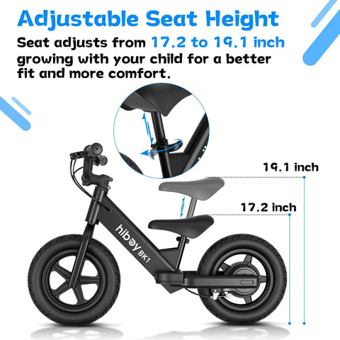 Adjustable seat height on Kids Electric Balance Bike BK1 With 12 Inch Tires, 150W Peak Motor, Lightweight 20 Lb Frame