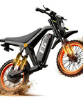 Beast 1500W Electric Dirt Bike with 48V 20Ah battery, full disc brakes, and suspensions kicking up dirt on trail