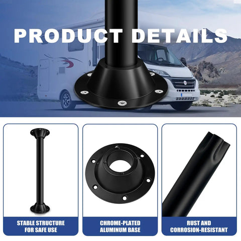 Heavy Duty Aluminum Rv Table Base Mount And Camper Table Legs With Tool Free Height Adjustment Rust Proof Caravan Support Post close-up of base and pole