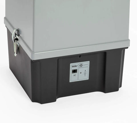 Close-up of ZeroSmog EL Portable Fume Extraction Unit housing showing control panel and latch for 1 to 2 workstations