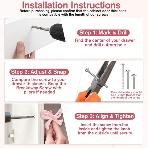 Installation instructions for Pink Bow Drawer Knobs Set For Dresser Cabinet Wardrobe 8 Pack 2.7 Inch Vintage Style Hardware