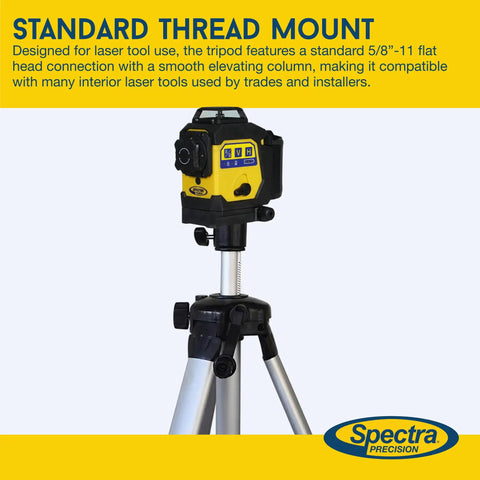 No Sweat Light Duty Aluminum Tripod For Point And Line Laser Levels with standard 5/8”-11 mount, smooth elevating column.