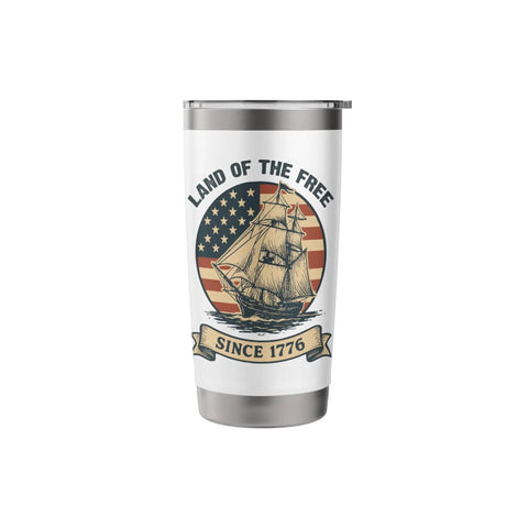 Patriotic Stainless Steel Insulated Tumbler With Retro US Flag Sailboat Design Keeps Drinks Cold Or Hot Red White Blue Independence Day Everyday Pride Durable Travel Cup For 4th Of July Celebrations shown with 'Land of the Free' and ship graphic.