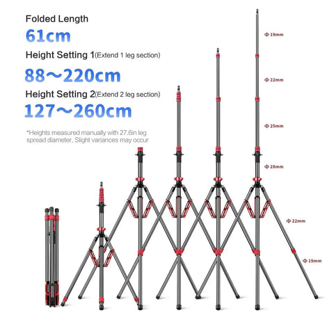 Pro Grade Aluminum Light Stand and Tripod for Photography Adjustable 24 to 102 Inches height comparison chart.