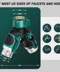 2 Way Garden Hose Splitter With Shut Off Valve For 3/4 Inch Hose Connector Heavy Duty Metal Outdoor Faucet Y Connector close-up with size measurements