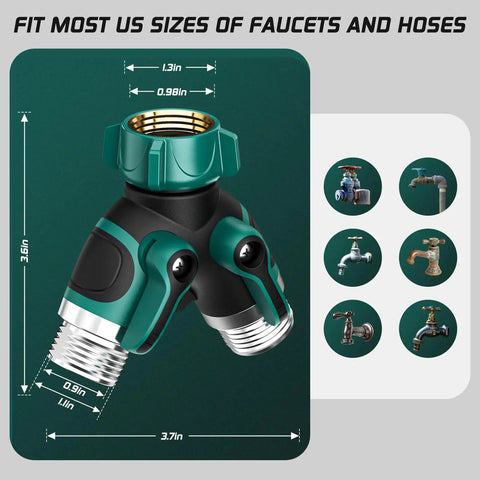 2 Way Garden Hose Splitter With Shut Off Valve For 3/4 Inch Hose Connector Heavy Duty Metal Outdoor Faucet Y Connector close-up with size measurements