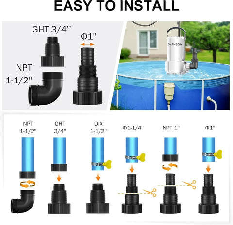 Heavy Duty Submersible Sump Pump Featuring Solid Stainless Steel Build And Smooth 5500 GPH Drainage Quick hookup adapters illustration.
