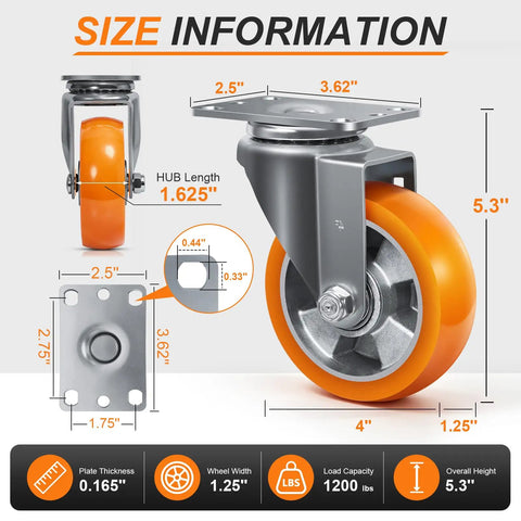 Size information for Badass Heavy Duty 4 Inch Swivel Caster Wheels Set Of Four With Aluminum Core and Polyurethane Treads.