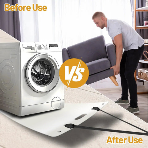 Premium Appliance Moving Sliders With Pull Strap For Tile And Hardwood Floors, Floor Protection Mats, washer and man lifting couch