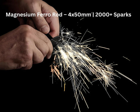 Hands using Magnesium Fire Starter Kit With Six Bags Of Pure Magnesium Shavings And Ferro Rod In A Waterproof Tin Box, 2000 Strikes Or More