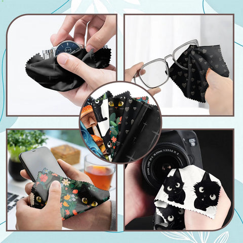 Zewurtuw six-piece microfiber cleaning cloth set for glasses, phones, cameras; 6.3 x 6.3 in with mushroom-cat patterns