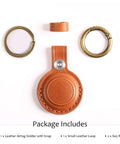 Straight Up Genuine Leather AirTag Keychain Holder Secure Metal Loop Cover Fits Apple Tracker First And Second Gen Like A Glove In Classic Brown Premium Hide Case, package contents displayed.