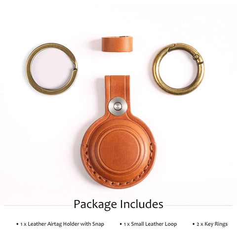 Straight Up Genuine Leather AirTag Keychain Holder Secure Metal Loop Cover Fits Apple Tracker First And Second Gen Like A Glove In Classic Brown Premium Hide Case, package contents displayed.