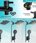 3 spray modes, matte black 12 Inch High Pressure Square Shower Head With 6 Function Adjustable Handheld Spray visible