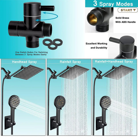 3 spray modes, matte black 12 Inch High Pressure Square Shower Head With 6 Function Adjustable Handheld Spray visible