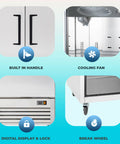 Pro Level Three Door Reach In Refrigerator 72 Cubic Feet Stainless Steel features built-in handle and cooling fan.