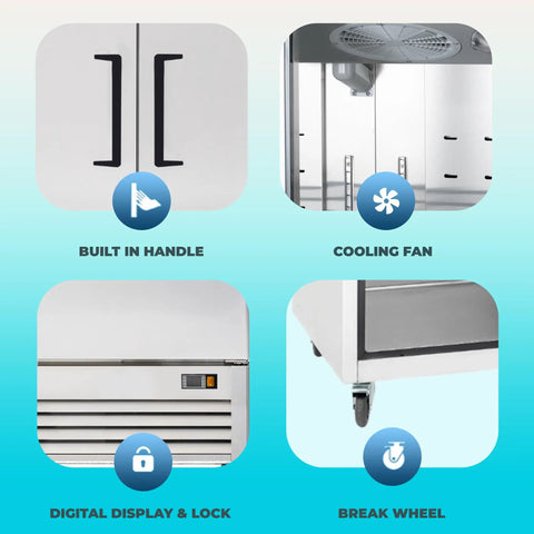 Pro Level Three Door Reach In Refrigerator 72 Cubic Feet Stainless Steel features built-in handle and cooling fan.