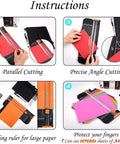 12 Inch Paper Cutter For Scrapbooking And DIY Crafts With Smooth Sliding Guide Safe Blade Foldable Ruler Pro Grade Cardstock Photo Paper And A4 shown in use with parallel and angle cutting instructions