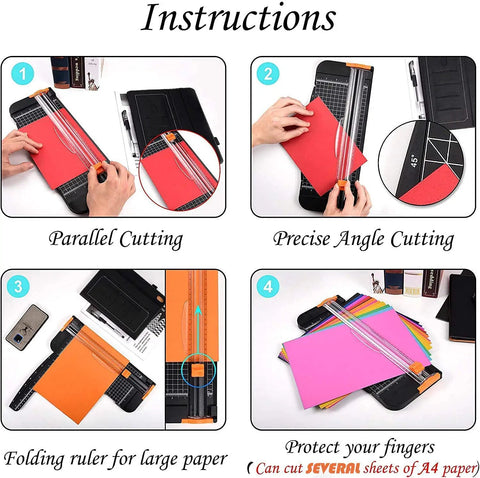 12 Inch Paper Cutter For Scrapbooking And DIY Crafts With Smooth Sliding Guide Safe Blade Foldable Ruler Pro Grade Cardstock Photo Paper And A4 shown in use with parallel and angle cutting instructions
